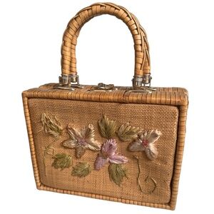 VINTAGE 50's/60's woven wicker box purse w embroidered flowers retro botanical